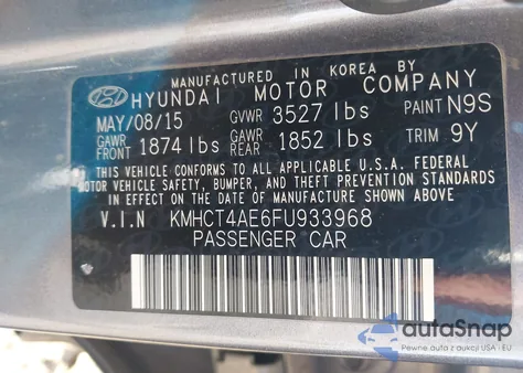 2015 Hyundai Accent Gls z USA, uszkodzony, nr VIN KMHCT4AE6FU933968